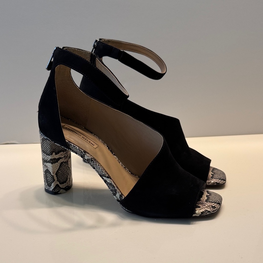 ANTONIO MELANI Black and Snake Print Heels